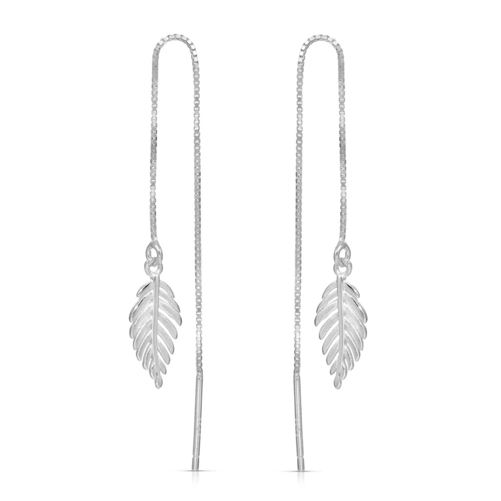 Sterling Silver Leaf Threader Earrings | Minimalist Dangle Earrings NWT - Picture 2 of 6